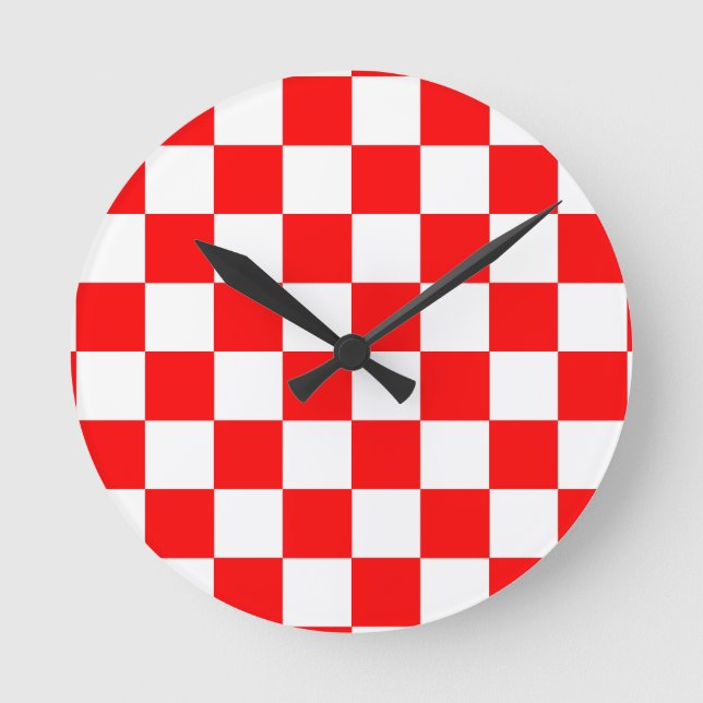 Red White Checkered Check Pattern Round Clock (Front)