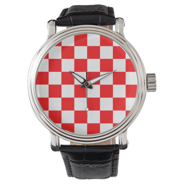 Red White Checkered Check Pattern Watch (Front)