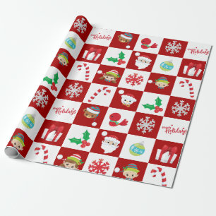 Red White Checkered Christmas Xmas Cartoon Wrapping Paper
