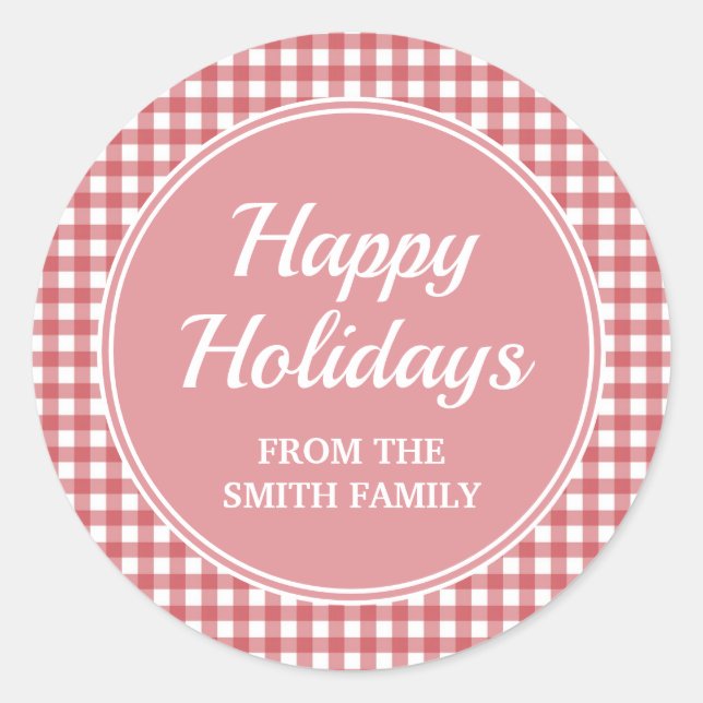 Red White Checkered Gingham Pink Happy Holidays Classic Round Sticker (Front)