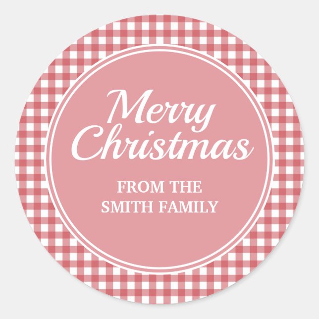 Red White Checkered Gingham Pink Merry Christmas Classic Round Sticker (Front)