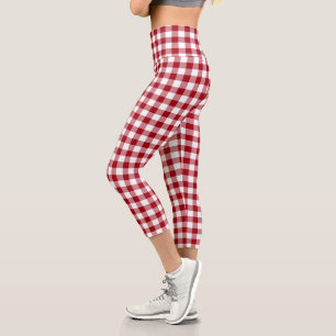 Red White Checkered Gingham Plaid Pattern Capri Leggings