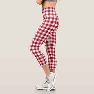 Red White Checkered Gingham Plaid Pattern Capri Leggings