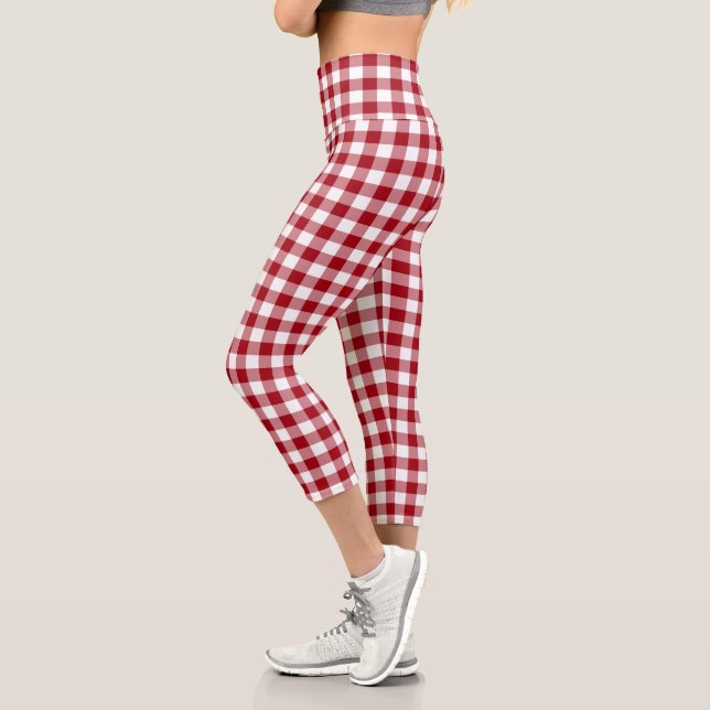 Red White Checkered Gingham Plaid Pattern Capri Leggings (Left)