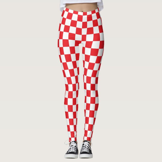 Red & White Checkered Squares Square pattern Leggings (Front)