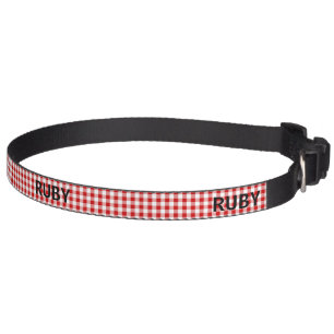 Red White Checks Name on Black Good Dog Pet Collar