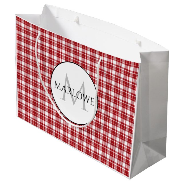 Red White Checks Plaid Monogram Large Gift Bag (Back Angled)