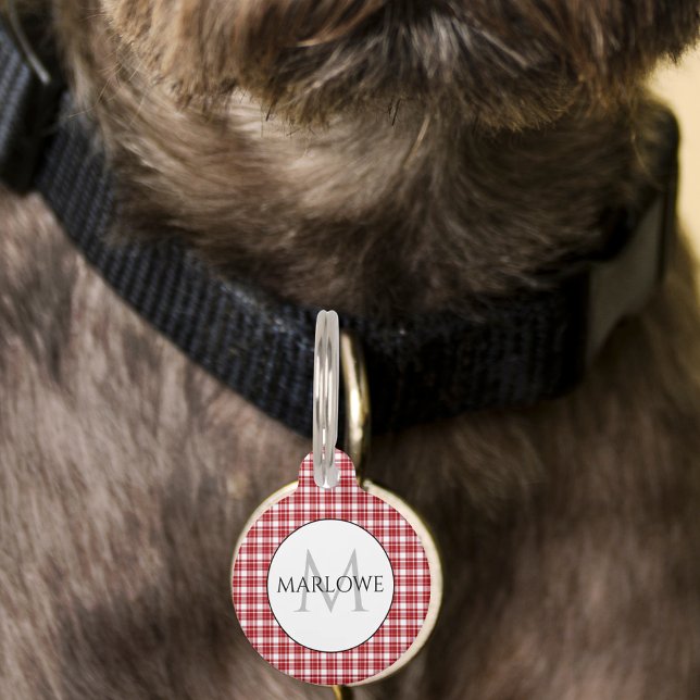 Red White Checks Plaid Monogram Pet ID Tag (Red White Checks Plaid Monogram Pet ID Tag)