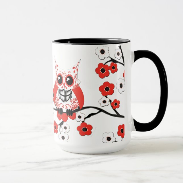 Red White Cherry Blossom Owl Mug (Right)
