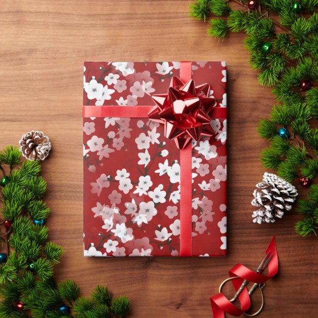 Red White Cherry Blossoms Floral Pattern  Wrapping Paper (Holiday Gift)