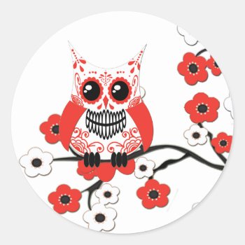 Red White Cherry Blossoms Owl Sticker by CuteLittleTreasures at Zazzle