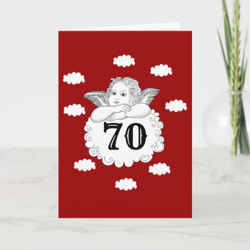 Red White Cherub Angel 70th Birthday Add Your Name Card
