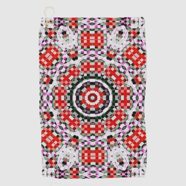 Red & white chess or pixel kaleidoscope circular   golf towel (Front)