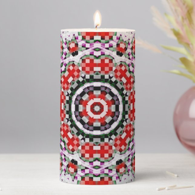 Red & white chess or pixel kaleidoscope circular   pillar candle (In Situ)