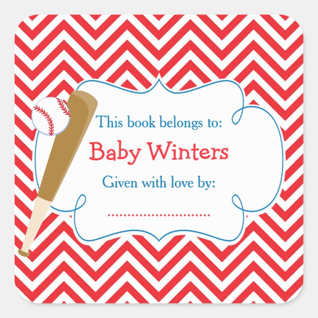 Red/White Chevron Baseball Baby Shower Bookplate (Front)