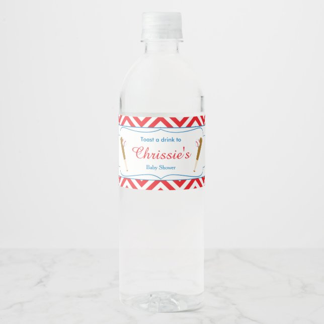 Red & White Chevron Baseball Baby Water Bottle Label (Front)