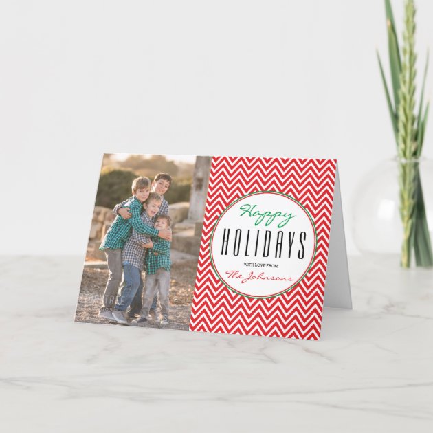 Red & White Chevron Personalized Xmas Photo Holiday Card