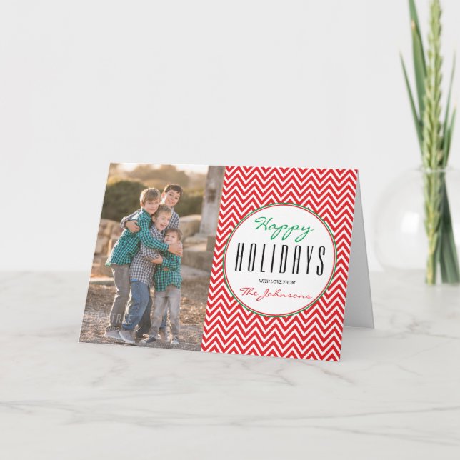 Red & White Chevron Personalized Xmas Photo Holiday Card (Front)