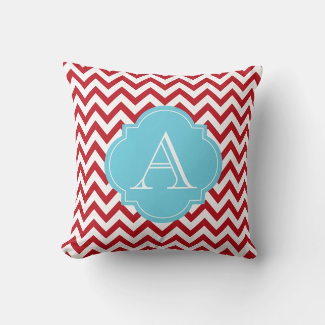 Red & White Chevron Stripes Blue Monogram Pillow (Front)