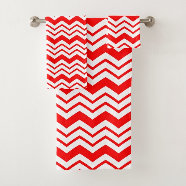 Red White Chevron Zigzag Pattern Design  Bath Towel Set (Insitu)
