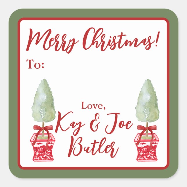Red & White Chinoiserie Topiary Christmas Gift  Square Sticker (Front)