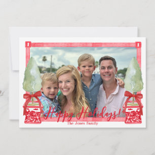 Red & White Chinoiserie Topiary Holiday Card