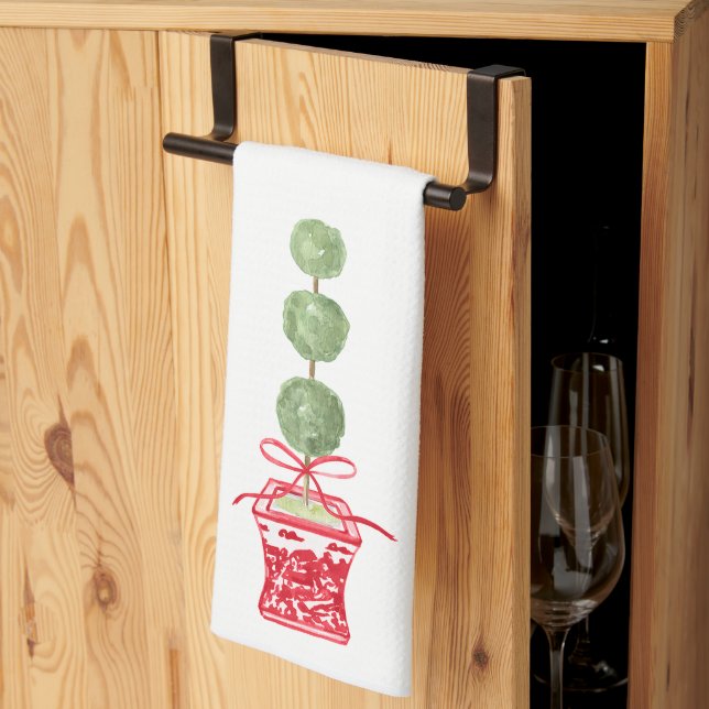 Red & White Chinoiserie Topiary Holiday Kitchen Towel (Thirds Fold)