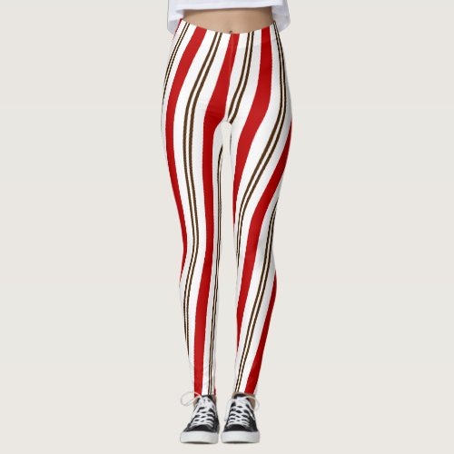 Red White  Chocolate Candy Cane Stripes Christmas Leggings