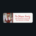 Red White Christmas Add PHOTO Return Address Label<br><div class="desc">Elegant and classy return labels for Christmas (Xmas) Holiday greeting cards / envelopes. Add family photo or other picture.  Red glitter. Modern RED letters for family name and address. Letter color and font can be changed.</div>