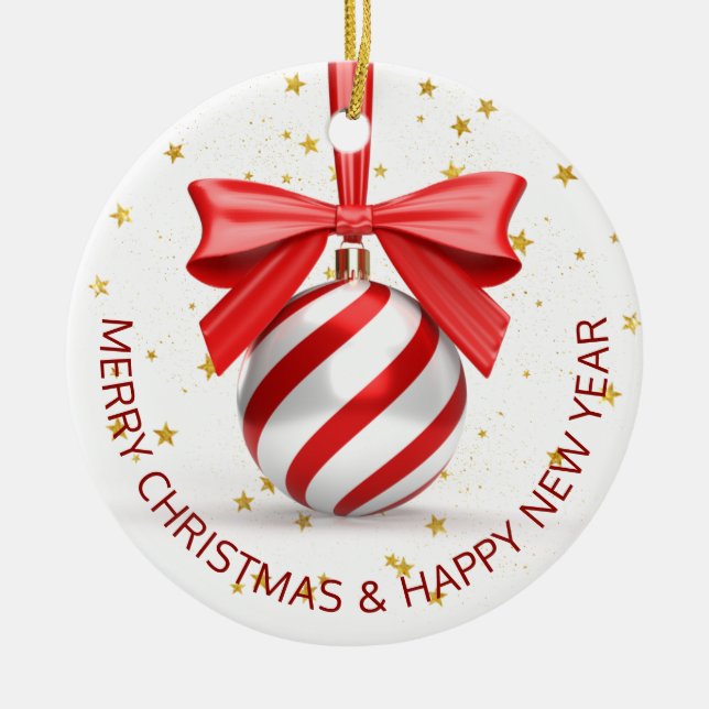 Red White Christmas Bauble Holiday Ceramic Ornament (Front)