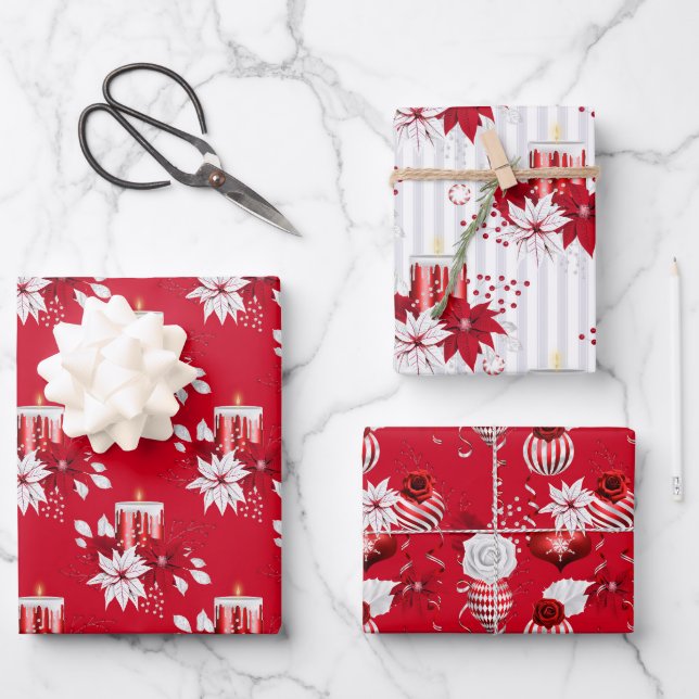 Red White Christmas Candles Ornaments Rose Holiday Wrapping Paper Sheets (Front)