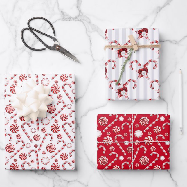 Red White Christmas Candy Canes Holiday Wrapping Paper Sheets (Front)