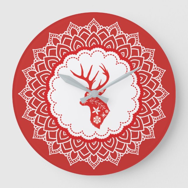 Red & White Christmas Deer White Mandala Frame Large Clock (Front)