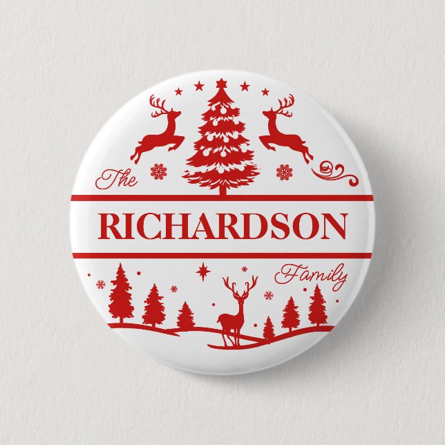 Red White Christmas Family Name Personalized Name Button (Front)