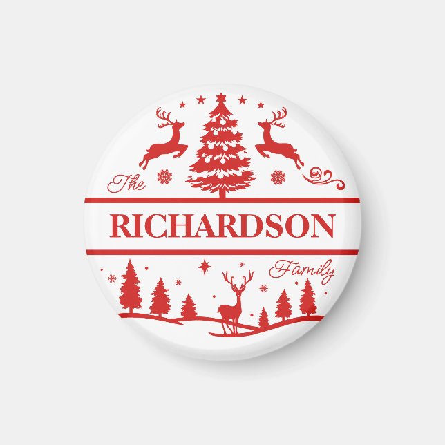 Red White Christmas Family Name Personalized Name Magnet (Front)