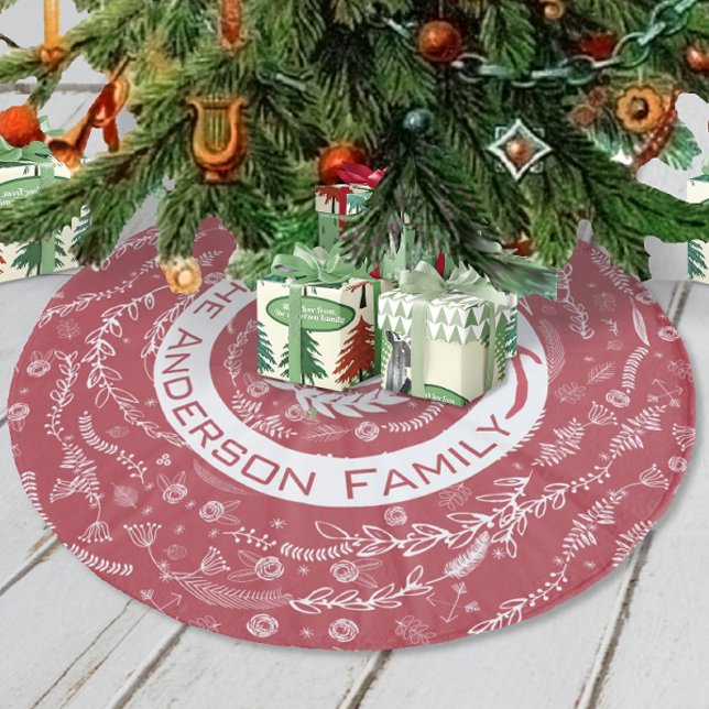Red & White Christmas Family Name Reindeer Arrows Fleece Tree Skirt (Creator Uploaded)