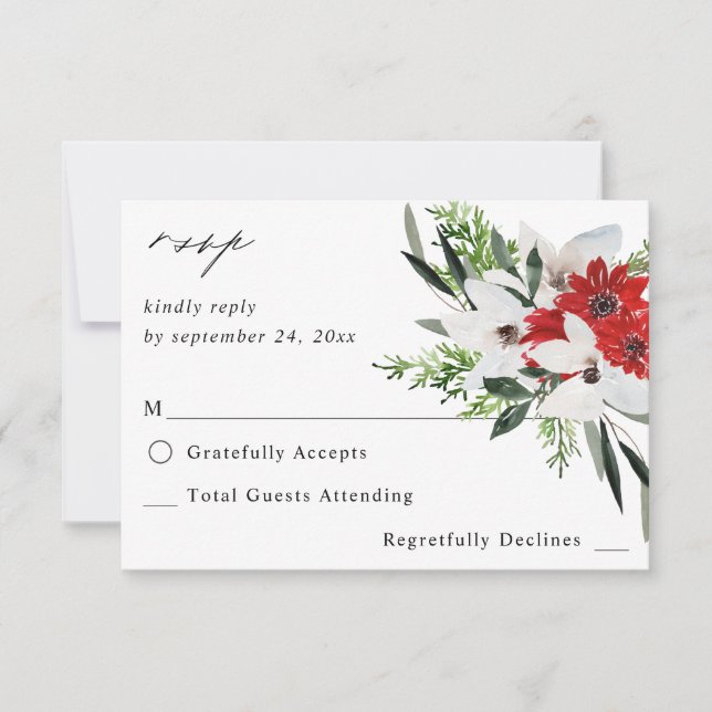 Red & White Christmas Floral no Meal RSVP Card (Front)