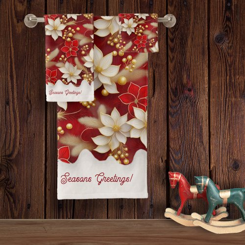 Red White Christmas Floral Pattern17 ID1009 Bath Towel Set