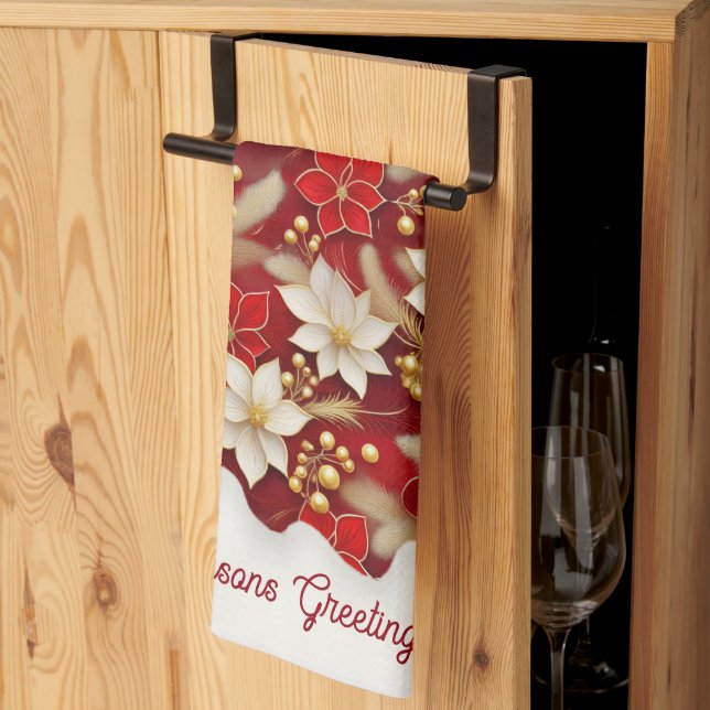 Red White Christmas Floral Pattern#17 ID1009 Kitchen Towel (Thirds Fold)