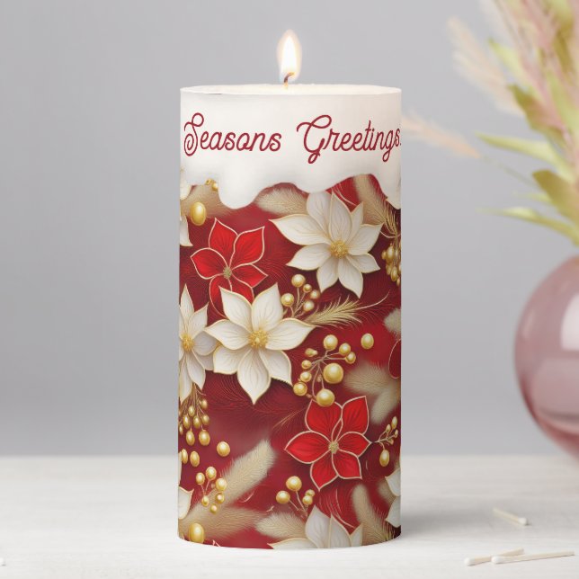 Red White Christmas Floral Pattern#17 ID1009 Pillar Candle (In Situ)