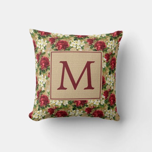 Red White Christmas Floral Rustic Vintage Monogram Throw Pillow