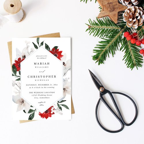 Red  White Christmas Floral Wedding Invitation