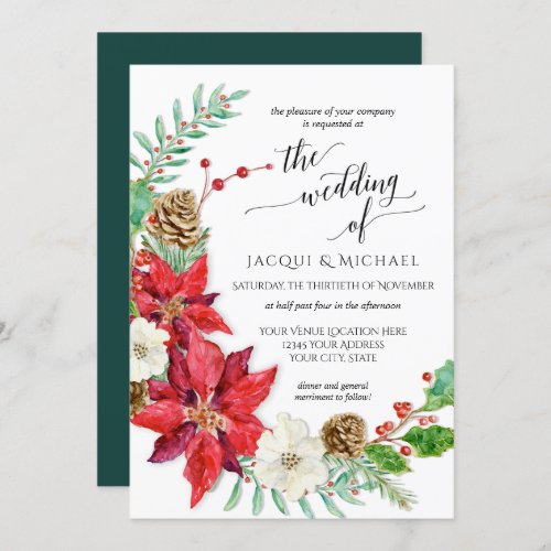 Red White Christmas Floral Wreath Winter Wedding Invitation