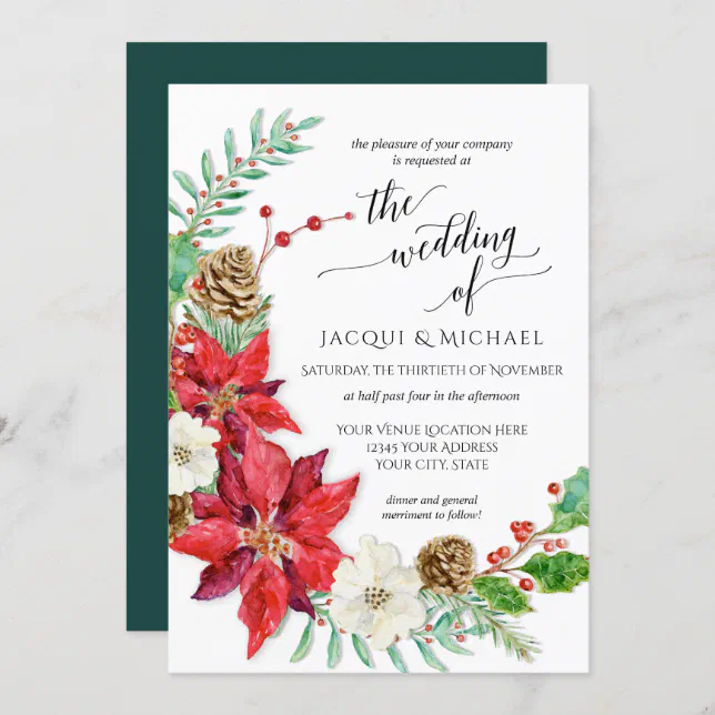 Red White Christmas Floral Wreath Winter Wedding Invitation | Zazzle