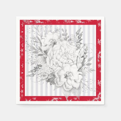 Red  White Christmas Flower Faded Stripe Napkins