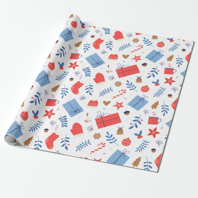 Red White Christmas Gloves Candy Cane Baubles Wrapping Paper (Unrolled)