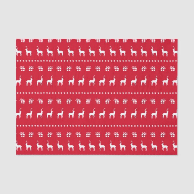 Red White Christmas Holiday Reindeer & Gifts Tissue Paper (Front)