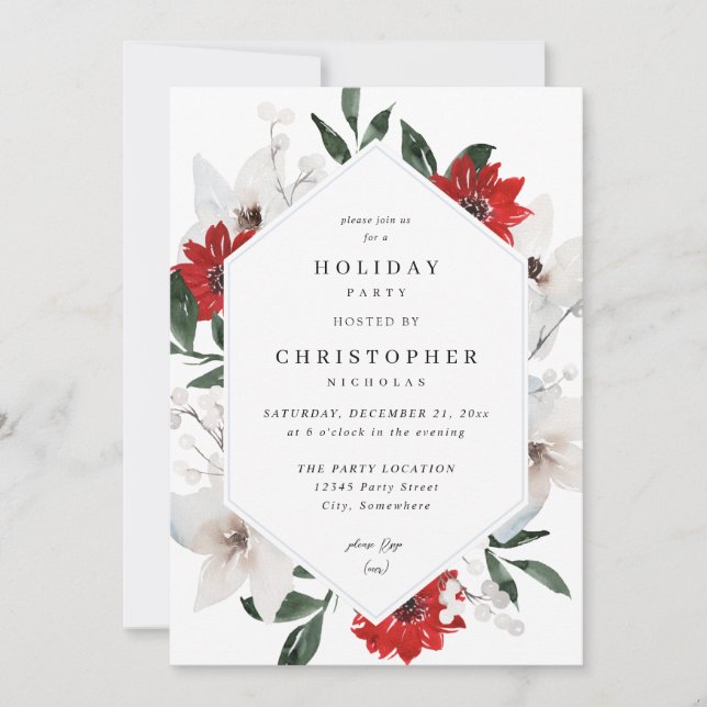 Red & White Christmas or Holiday Floral Party Invitation (Front)