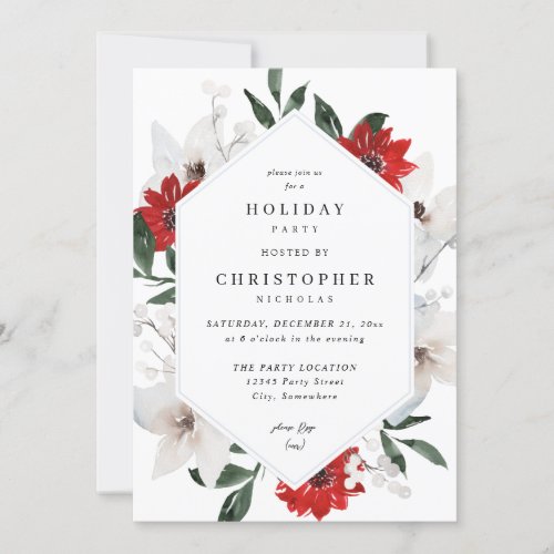 Red  White Christmas or Holiday Floral Party Invitation