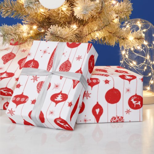 Red White Christmas Ornament Bauble Pattern Wrapping Paper